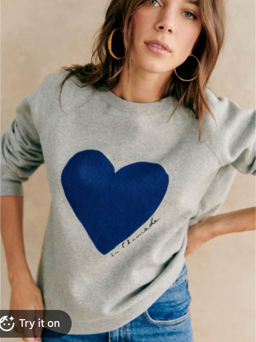 Sezane Gray Sweatshirt with Blue Heart Graphic